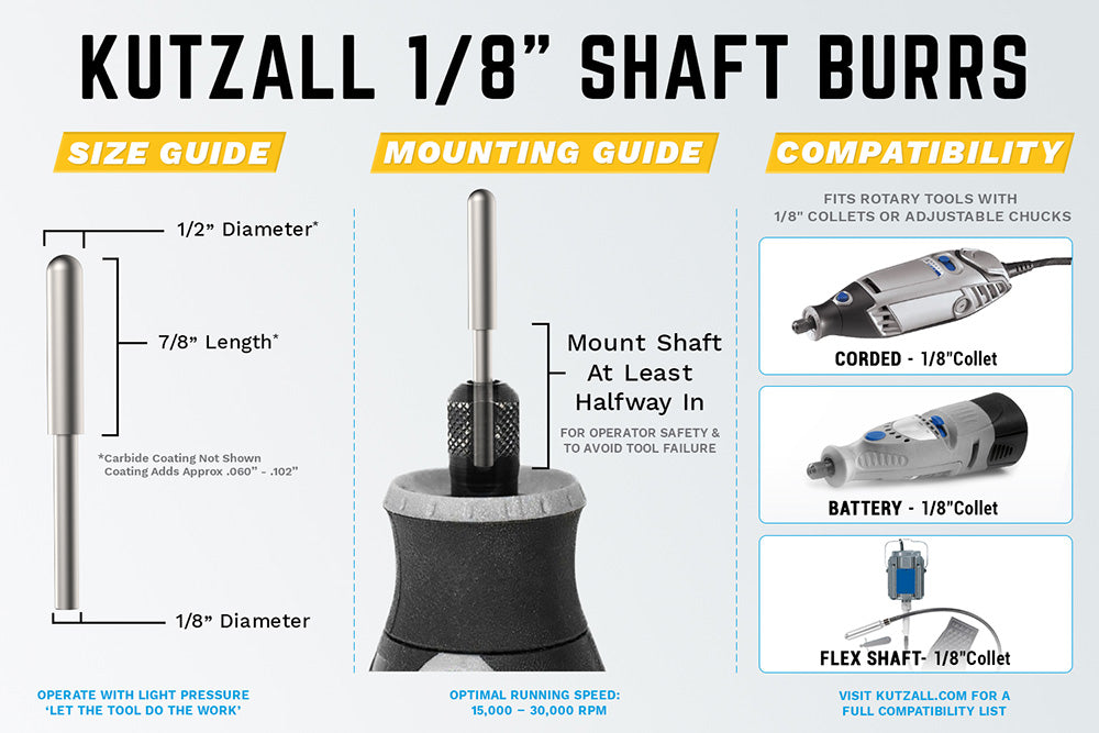 Kutzall Ball Nose Burr, 1/8'' Shaft, Head Diameter 1/8'' X Head Length 7/8''