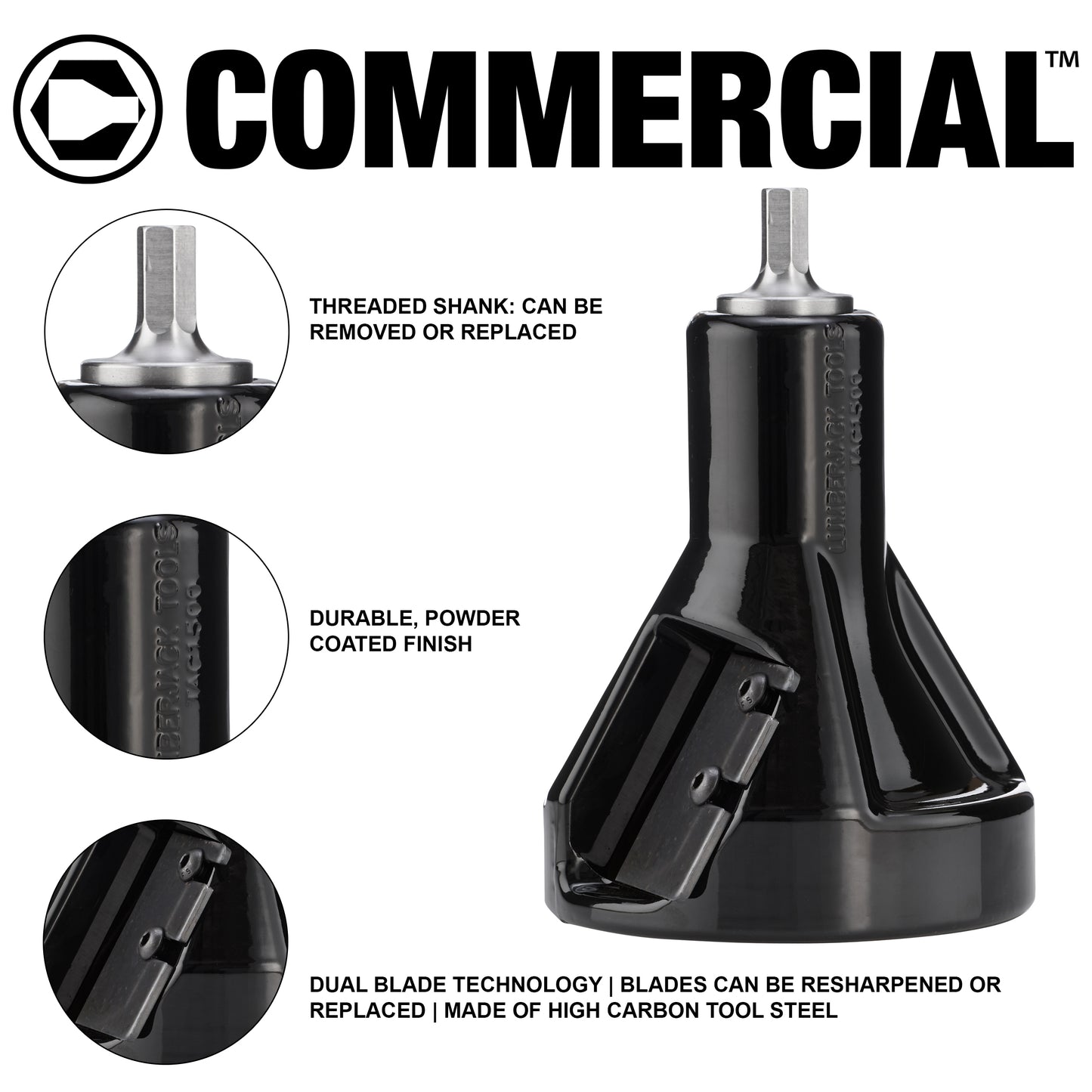 Commercial tenon cutter features that included a silver threaded shank that can be removed, a black, shiny paint color and flat blades attached to the tenon cutter with two button head screws
