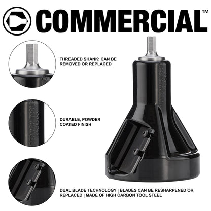 Commercial tenon cutter features that included a silver threaded shank that can be removed, a black, shiny paint color and flat blades attached to the tenon cutter with two button head screws