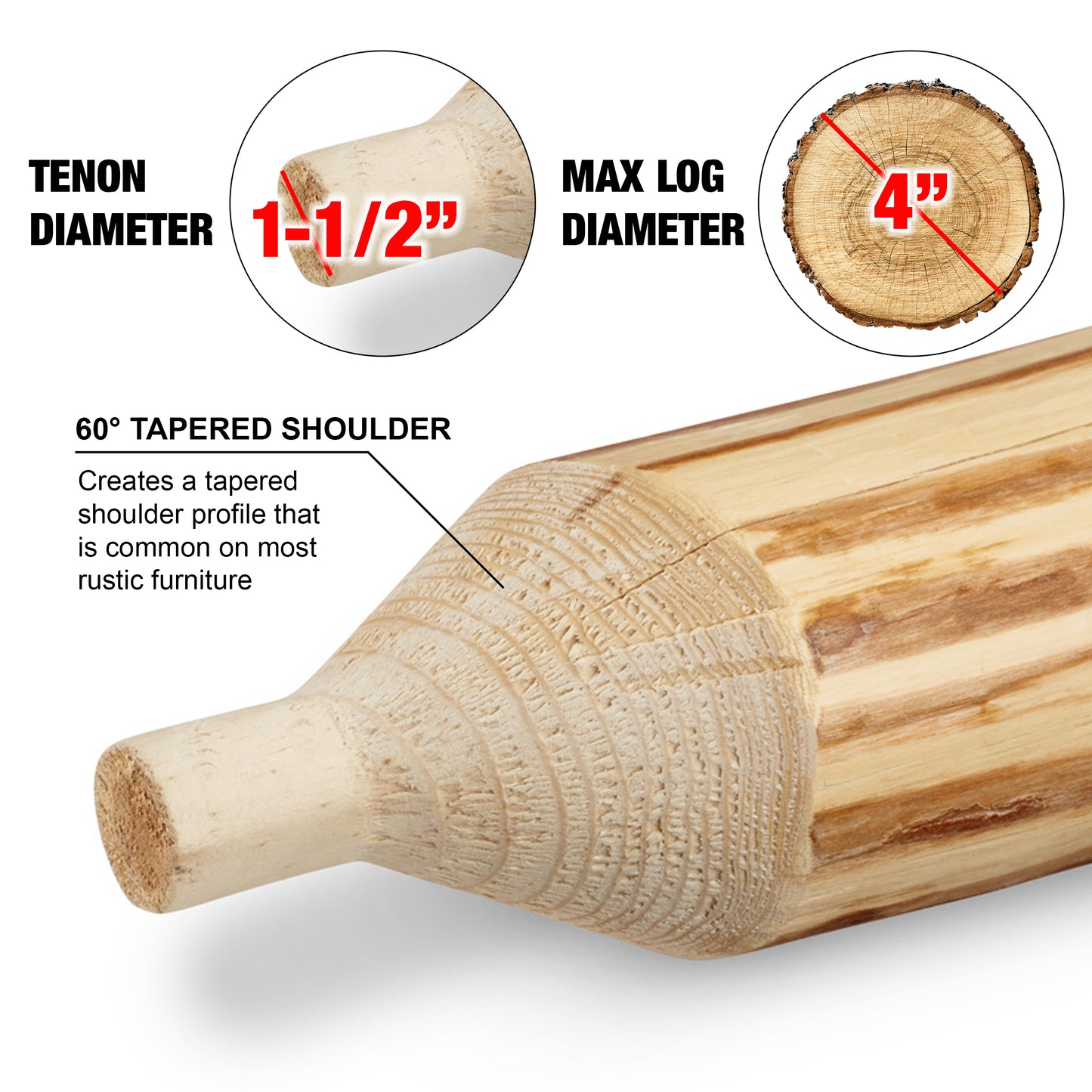 Image of cut tenon, 1 1/2" tenon diameter, 4" Max log diameter