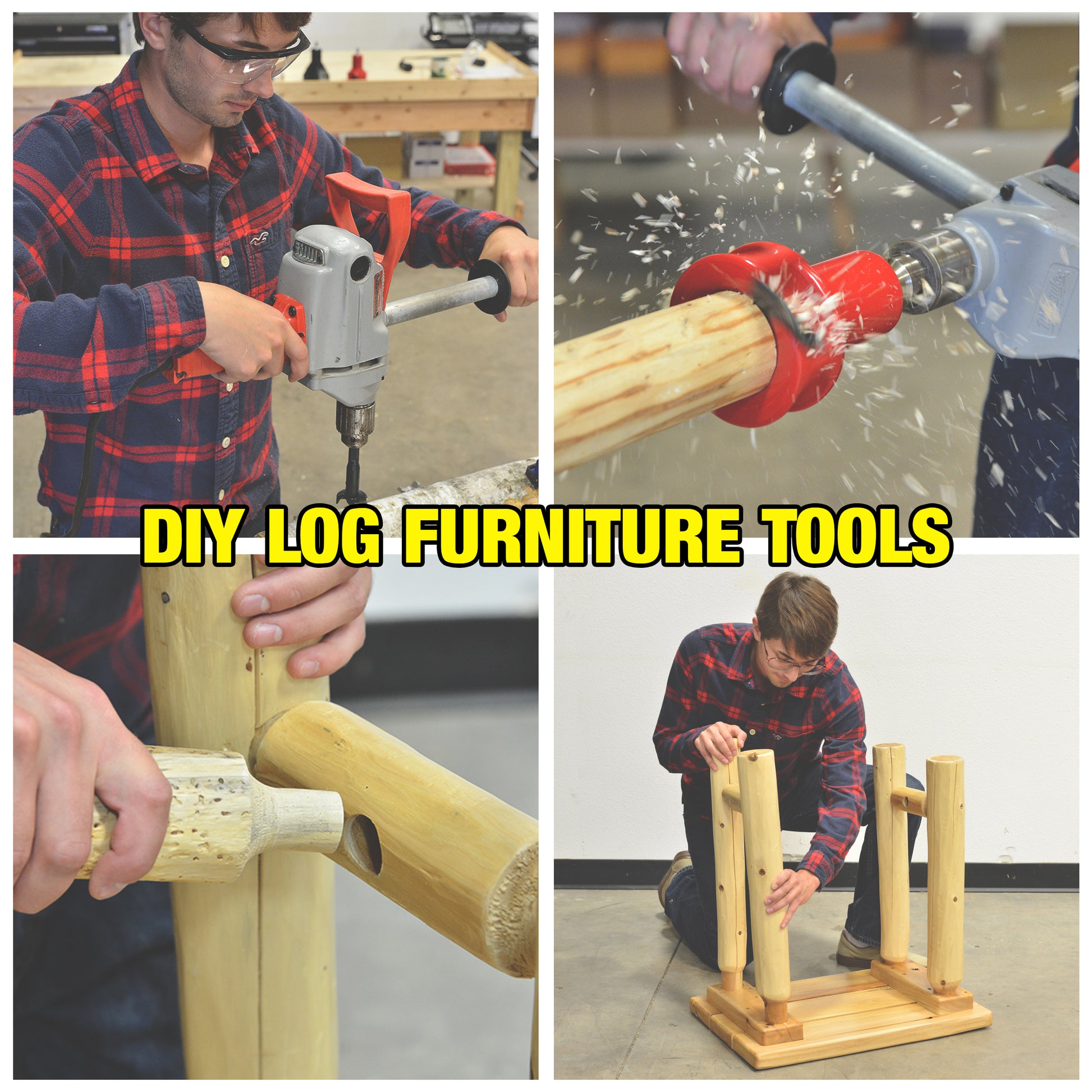 Image collage of a man cutting mortise and tenon then putting together a small table